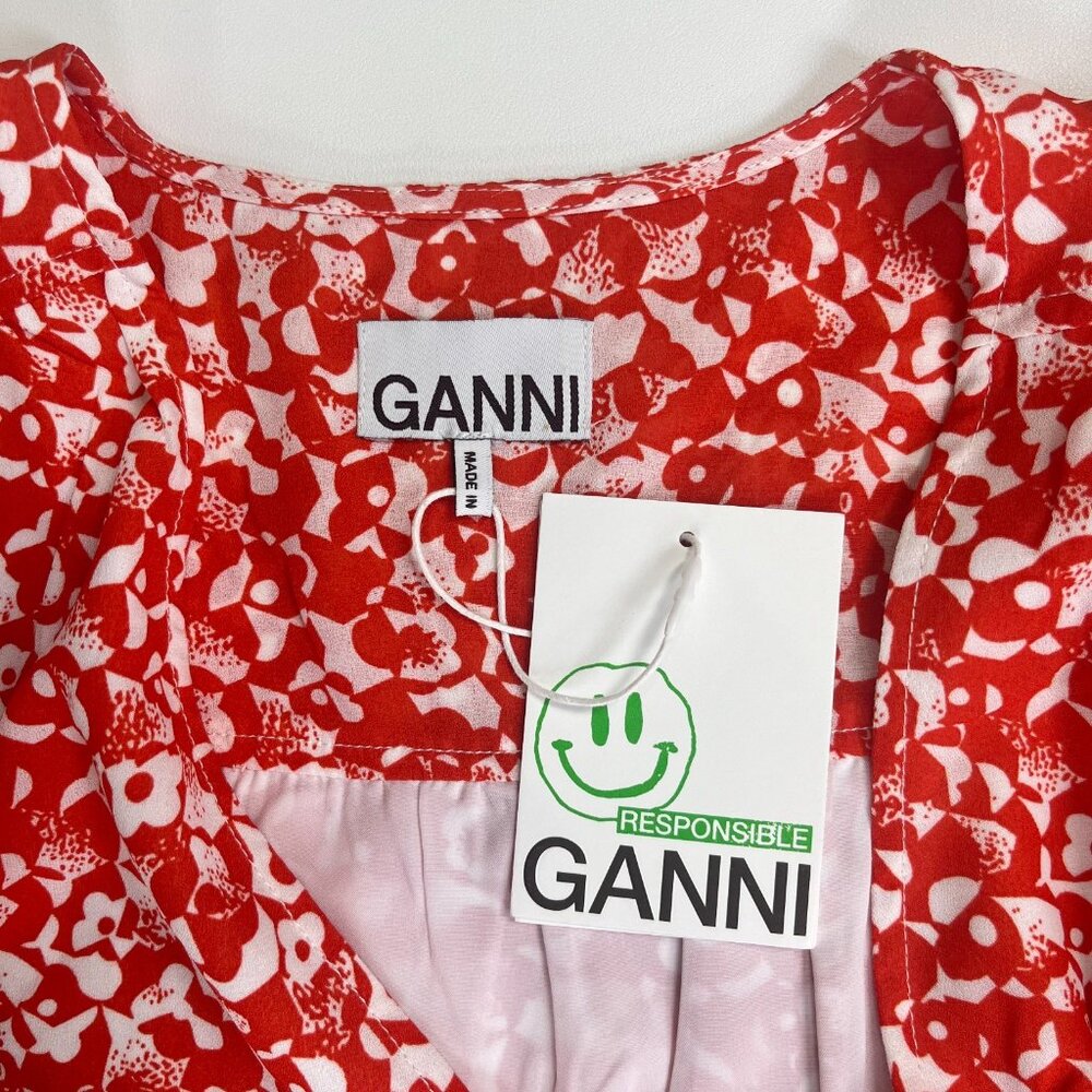 $325 NWT Ganni Floral Crepe Midi Dress Size 36 Orange - Picture 7 of 13